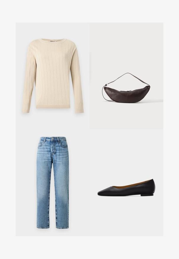 Suéter beige de manga larga con textura acanalada vertical, cuello redondo y puños y dobladillo ajustados.; Jeans de mezclilla azul claro con un diseño de pierna recta, costuras visibles, cierre de botón y estilo de cinco bolsillos.; Zapato plano de punta puntiaguda de cuero negro con tacón bajo y acabado liso, mostrado de perfil sobre un fondo gris claro.; Bolso de hombro de cuero marrón oscuro en forma de media luna con una correa curva y costuras visibles sobre un fondo liso.