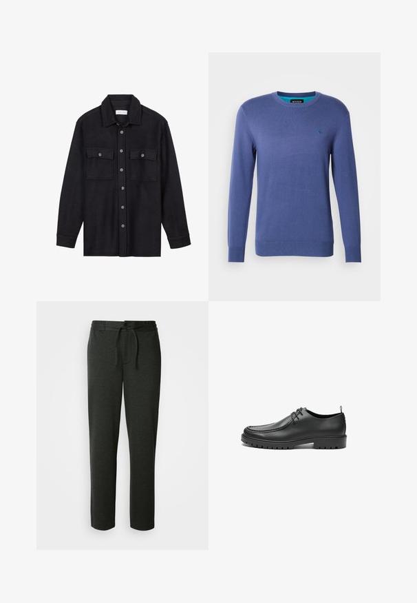Pull en tricot bleu avec un col rond, des manches longues et un petit logo brodé sur la poitrine gauche. Texture douce.; Veste-chemise en laine noire avec un col pointu, une fermeture à boutons sur le devant et deux poches poitrine. Dotée de boutons ton sur ton et d'une coupe décontractée.; Pantalons de jogging gris foncé en mélange de coton doux. Comprend une taille élastique avec cordon de serrage et des poches latérales. Design à jambes droites.; Chaussures en cuir noir avec une finition lisse, bout arrondi et coutures décoratives. Elles possèdent une semelle en caoutchouc avec des rainures de traction et un laçage.