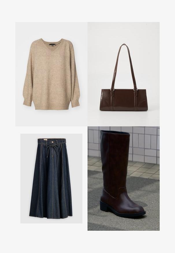 Pull oversized beige avec un décolleté en V, présentant un tissu texturé et des poignets côtelés. Manches tombantes pour une coupe décontractée.; Levi's® XL SKIRT - Jupe en jean - square circle; Botte en cuir marron foncé mi-mollet avec un bout arrondi et un petit talon bloc, posée sur le trottoir près d’un mur carrelé.; Sac à main en cuir verni marron de forme rectangulaire, avec deux longues poignées et des accents courbés subtils à l'avant.