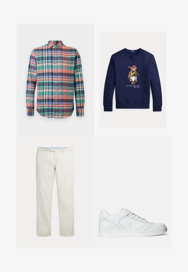 Marineblauwe sweatshirt met een beer die een rood helm draagt, een bruine jas, witte broek, en een polo-knuppel vasthoudt, met de tekst "Polo Bear by Ralph Lauren" eronder.; Langsleeve button-up shirt met een meerkleurig geruit patroon in oranje, groen, blauw, marineblauw en crème op een effen achtergrond.; Rechte broeken in roomkleur met riemlussen en een verborgen voorsluiting op een effen achtergrond.; Witte leren sneaker met een gladde textuur, voorzien van een geperforeerde neus, vetersluiting en geborduurde logo aan de zijkant. Witte rubberen zool.