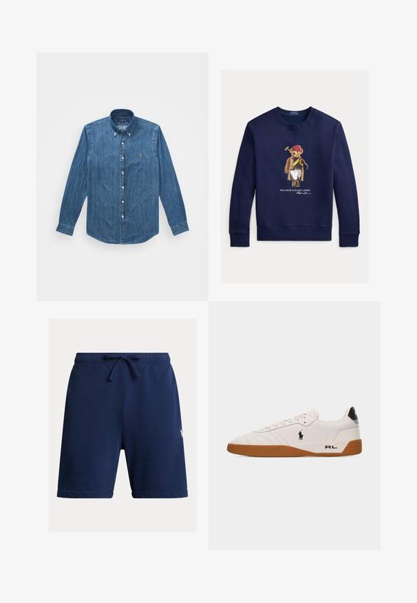 Laivastonsininen collegepaita, jossa karhu punainen kypärä päässä, ruskea takki ja valkoiset housut, ja karhu pitelee polomailaa. Alla teksti "Polo Bear by Ralph Lauren".; Denim-paita, jossa on pitkät hihat, nappikaulus ja hienovarainen pystyraitakuositus, keskitummansinisessä värissä logoteemalla.; Merensinisen väriset urheilushortsit, jotka on tehty pehmeästä kankaasta. Niissä on kuminauhavyötärö, jossa kiristysnauha, sekä käännetty helma. Sivussa pieni logotunnus.; Valkoinen matala tennari, jossa ruskea kumipohja, musta Polo Ralph Lauren -logo sivussa ja "RL"-teksti kantapääosassa.