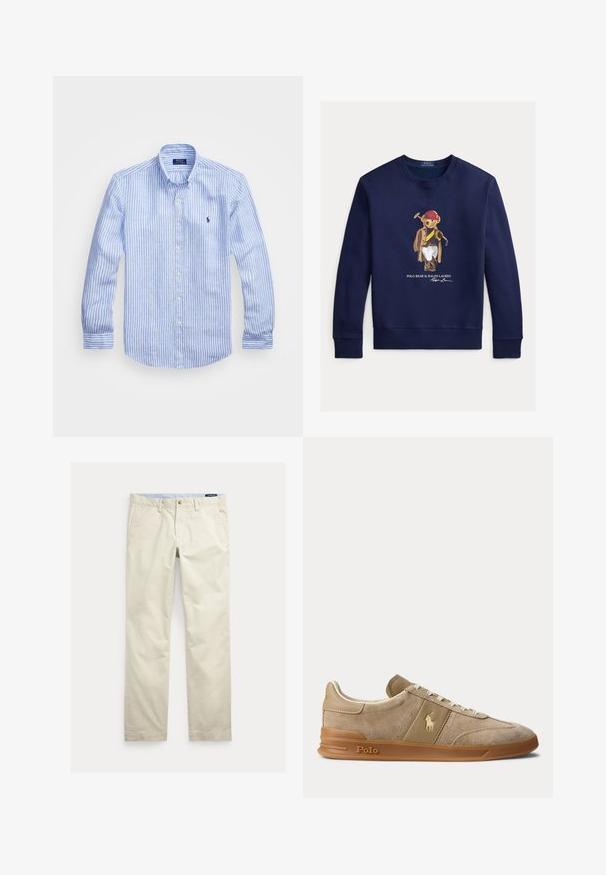 Marineblauwe sweatshirt met een beer die een rood helm draagt, een bruine jas, witte broek, en een polo-knuppel vasthoudt, met de tekst "Polo Bear by Ralph Lauren" eronder.; Blauw-wit gestreept overhemd met lange mouwen van katoen, met een button-down kraag, knopen aan de voorkant en een klein geborduurd logo op de borst.; Beige katoenen broek met rechte pijpen, riemlussen, voorste knoop, ritssluiting en zijzakken.; Beige suède en leren lage sneaker met gumzool, witte veters en Polo-logo op de zijkant en zool.