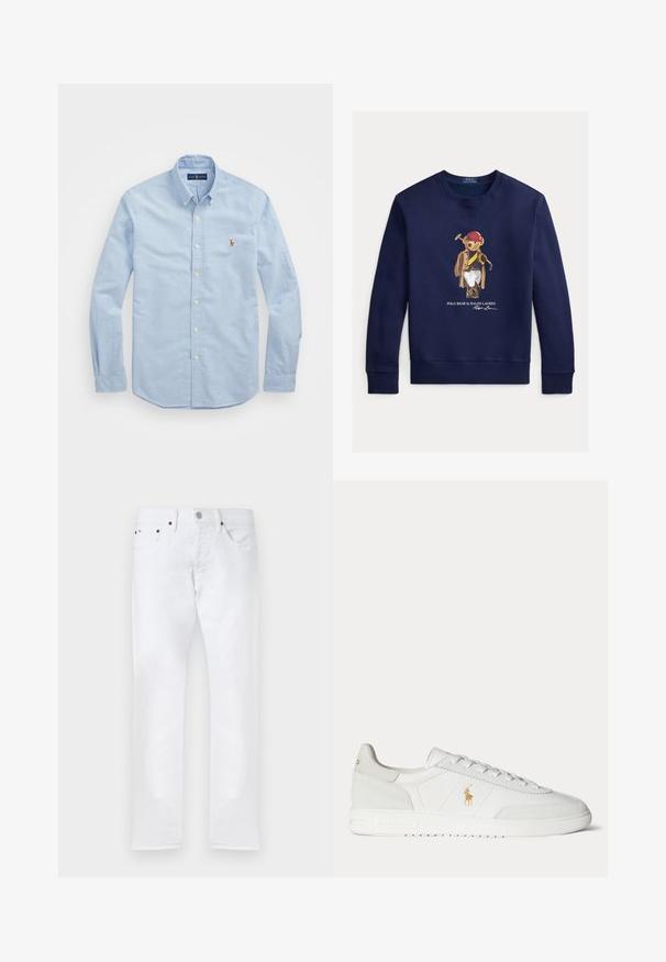 Tumesinine dressipluus, millel on karu, kes kannab punast kiivrit, pruuni mantlit, valgeid pükse ning hoiab käes polomõõka. All on tekst "Polo Bear by Ralph Lauren".; Heledad sinine pika varrukaga nööpidega särk, mis on valmistatud puuvillast, klassikalise kraega ja rinnal on väike punane tikandiga logo.; Valged kitsad teksad, millel on viis taskut, nööbiga sulgur ja vööaasad, esitatud lamedalt valgel taustal.; Valge madala säärega tennisking paeltega, kuldse Polo Ralph Laureni logoga küljel ja tekstureeritud tallaga ühevärvsel taustal.