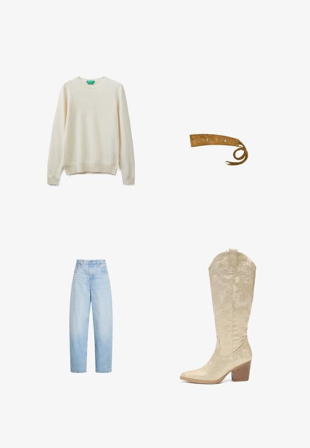 Cremefarbener Pullover aus weichem Stoff, mit Rundhalsausschnitt, langen Ärmeln und gerippten Bündchen und Saum. Einfaches, minimalistisches Design.; Hellblaue Jeans mit hohem Bund und geradem Bein, mit vorderen Taschen, Gürtelschlaufen und einem Knopfverschluss.; Salinyang Cowboy-/Bikerboot - goldfarben; Brauner Wildledergürtel mit dekorativen silbernen Nieten und gebundenen Quasten, die sich von einem Ende erstrecken, auf weißem Hintergrund dargestellt.