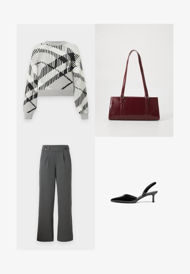 Grå sweater med et geometrisk sort og hvidt mønster, lange ærmer, runde halsudskæring og ribbet manchetter og kant.; Grå brede bukser lavet af struktureret stof, med høj talje, frontfolder og to knapper i taljen.; Sorte patentlæder slingback hæle med spids tå, lav stiletto hæl og et elegant, enkelt design uden pynt.; Bordeaux håndtaske lavet af glansfuldt materiale, rektangulær form, med to skulderremme og subtile buede detaljer på forsiden.