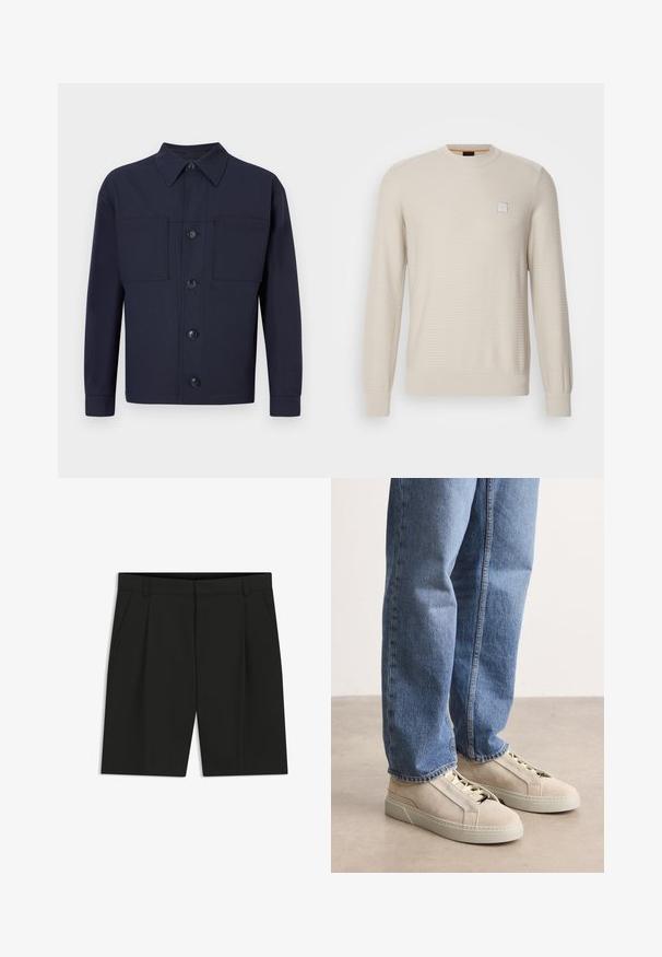 Lys beige sweater lavet af struktureret stof. Har en rund hals, lange ærmer og et lille firkantet logo på brystet.; Mørkeblå knaplukket jakke lavet af stof med en glat tekstur. Har to brystlommer og en spidset krave, samt fire forreste knapper.; Sorte, skræddersyede knæshorts med bæltestropper, sidelommer og en frontplissering på en hvid baggrund.; BOSS GARYTENN_SDHDEL - Sneakers - natural ten