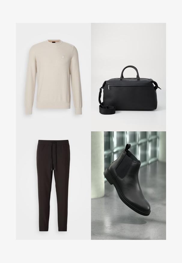 Lys beige sweater lavet af struktureret stof. Har en rund hals, lange ærmer og et lille firkantet logo på brystet.; Sorte joggingbukser lavet af blødt stof, med en elastisk bæltelås og snor, tætsiddende ben og uden synlige mønstre eller udsmykninger.; Sort læder Chelsea-støvle med elastiske sidepaneler og træk-flig, vist svævende over en poleret betongulv nær glasblokke.; Sort læder duffel taske med to top hanke, en aftagelig skulderrem og en lynlåslomme foran til ekstra opbevaring.