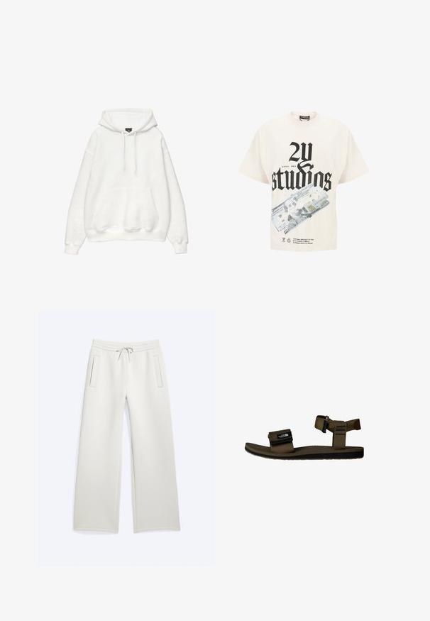 Hvid hættetrøje lavet af blød bomuldsblanding. Har snøre ved hætten, frontlomme med kengurustil og ribbede manchetter og kant. Enkel, minimalistisk design.; Cremefarvet bomulds T-shirt med løs pasform, der har stor sort tekst "2Y studios" og et grafik af valuta på forsiden.; Lysebeige vidde bukser med elastisk talje og snørre, med to lodrette slidse lommer foran.; Brun rem sandal med en tekstureret fodseng, justerbar ankelrem og Velcro-lukning. Sorte accenter og logo på remmen.