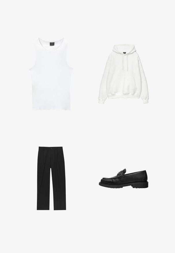 Hvid hættetrøje lavet af blød bomuldsblanding. Har snøre ved hætten, frontlomme med kengurustil og ribbede manchetter og kant. Enkel, minimalistisk design.; Hvid ærmeløs tanktop lavet af ribbet bomuld. Har en rund halsudskæring og en glat tekstur. Etiketten siger "PULL&BEAR."; Sorte bukser med lige ben, lavet af et glat stof. Har frontfolder og en enkelt knaplukning i taljen.; Sort læderloafer med syninger på toppen, nitter på remmen og tyk gummisål, vist i profil på hvid baggrund.