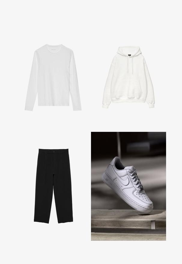 Hvid hættetrøje lavet af blød bomuldsblanding. Har snøre ved hætten, frontlomme med kengurustil og ribbede manchetter og kant. Enkel, minimalistisk design.; Langærmet hvid T-shirt lavet af blød bomuld, med rund halsudskæring og en glat tekstur uden synlige mønstre eller accenter.; Sorte bukser med vide ben, bæltestropper, frontknap og plisseret design, vist mod en hvid baggrund.; Hvid læder Nike Air Force 1 sneaker med perforeret tå, flade snørebånd og tekstureret gummisål med "AIR" branding på siden.