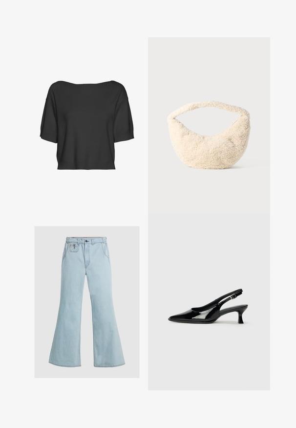 Vero Moda Knitted AWJEMMA Knitted - Džemper - black; Heledad sinised flared teksad, mis on valmistatud denimist, kõrge vöökoha, nööpkinnituse ja eesmistel taskutel. Sile tekstuur minimaalsete õmblusdetailidega.; Mustad õhukesed kingad mustast lakknahast, terava varbaga ja madala plokknõelaga. Reguleeritav pandla rihm ankle.; Kreemikaalune kott pehme ja karvane tekstuur. Kõver kuju ja lai rihm kandmiseks. Lihtne disain, ei ole nähtavaid metallosi või aksessuaare.