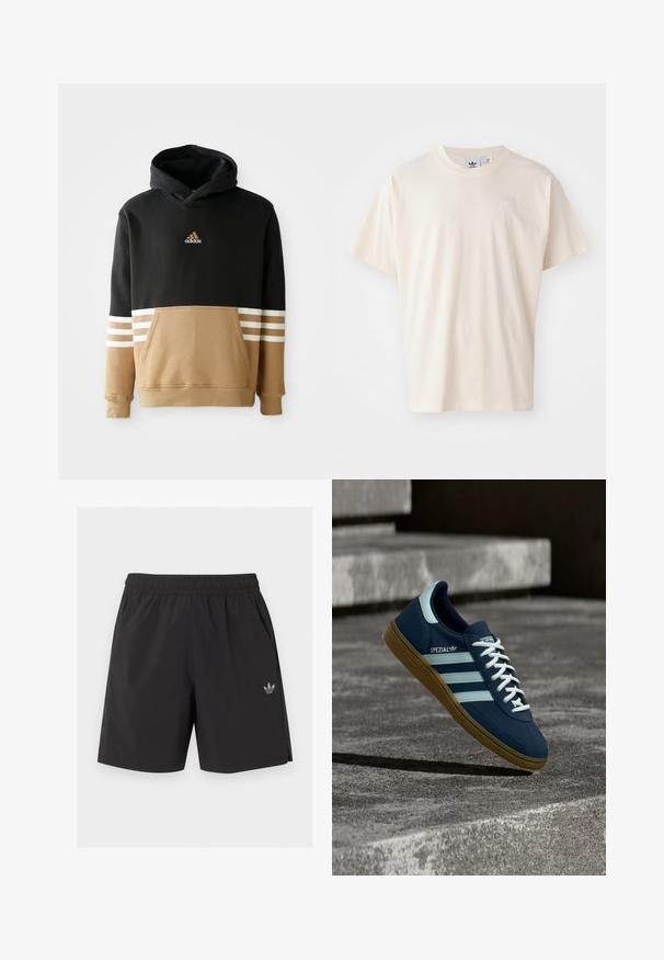 Sweatshirt à capuche avec une partie supérieure noire et une partie inférieure beige, accents rayés blancs sur les manches, poche kangourou et logo brodé.; T-shirt en coton crème avec un col rond et des manches courtes ; présente un petit logo de couleur claire sur la poitrine.; Short de sport noir à taille élastique avec poches latérales et petit logo Adidas sur la jambe gauche.; Baskets Adidas Spezial bleues avec des rayures et des lacets blancs, semelle en gomme, flottant au-dessus d'une surface en béton rugueuse et des marches en arrière-plan.