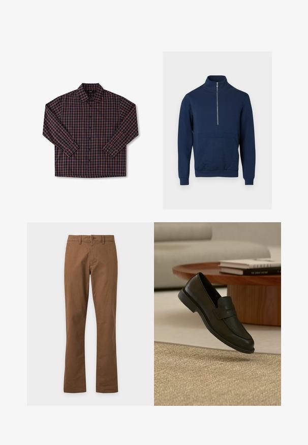 Marineblaue Sweatshirt mit hohem Kragen und Viertelreißverschluss. Verfügt über ein strukturiertes Panel auf der Vorderseite sowie gerippte Bündchen und Saum.; Herren Langarmshirt mit navyblauem Grund und rot-weißer karierter Musterung, Knopfleiste und klassischem Kragen. Aus Baumwollstoff.; Braune Hose mit geradem Bein, Frontknopf und Gürtelschlaufen vor einfachem weißem Hintergrund.; Schwarzer Lederloafer-Schuh schwebt über einem beige gewebten Teppich, mit einem Holztisch und gestapelten Büchern in einem sanft beleuchteten Wohnzimmer.