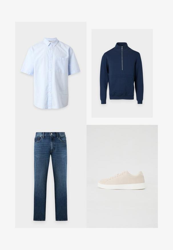 Sweat-shirt bleu marine avec un col montant et une fermeture éclair d'un quart. Présente un panneau texturé à l'avant ainsi que des poignets et un ourlet côtelés.; Chemise bleu clair à manches courtes avec col et poche poitrine, présentée sur un fond gris clair uni.; Jean en denim bleu foncé à coupe droite avec fermeture à bouton et fermeture éclair à l'avant, poches avant et arrière, présenté sur fond blanc.; Baskets en daim beige avec semelles en caoutchouc blanc, bout rond et six œillets pour les lacets. Texture lisse avec un design minimaliste.