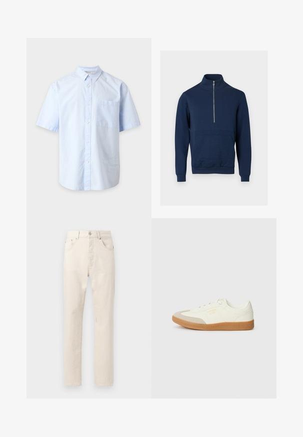 Sweat-shirt bleu marine avec un col montant et une fermeture éclair d'un quart. Présente un panneau texturé à l'avant ainsi que des poignets et un ourlet côtelés.; Chemise bleu clair à manches courtes avec col et poche poitrine, présentée sur un fond gris clair uni.; Jean droit couleur blanc cassé avec poches avant, passants pour ceinture et fermeture par bouton, présenté sur un fond uni.; Baskets en cuir blanc avec une coque beige et une semelle en caoutchouc marron clair. Dotées de lacets blancs plats et d'un logo embossé sur le côté.