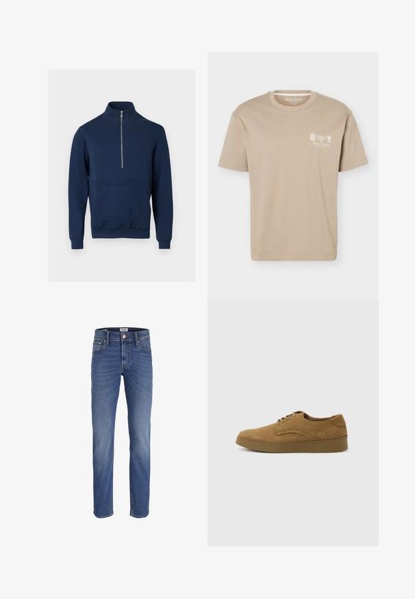 Marineblauwe trui met een hoge kraag en een ritssluiting van een kwart. Heeft een gestructureerd paneel aan de voorkant en geribde manchetten en zoom.; Beige T-shirt met korte mouwen en een ronde hals, met kleine insectengrafieken en het "Marc O'Polo"-logo op de linkerborst.; Blauwe spijkerbroek met rechte pijpen, knoop- en ritssluiting, voor- en achterzakken, en subtiele vervaging op de dijen en knieën.; Bruine suède veterschoen voor vrijetijdskleding met een platte rubberen zool, zijaanzicht tegen een eenvoudige lichte achtergrond.