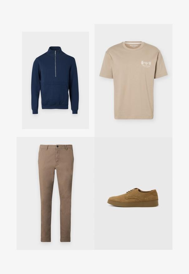 Sweat-shirt bleu marine avec un col montant et une fermeture éclair d'un quart. Présente un panneau texturé à l'avant ainsi que des poignets et un ourlet côtelés.; T-shirt beige à manches courtes avec col rond, présentant de petits motifs d'insectes et le logo "Marc O'Polo" sur la poitrine gauche.; Pantalon marron ajusté pour homme avec fermeture à boutons et zip sur le devant, passants de ceinture et poches latérales, présenté à plat sur fond blanc.; Chaussure décontractée à lacets en daim marron avec semelle en caoutchouc plate, vue de côté sur un fond clair uni.