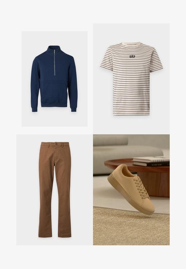Sweat-shirt bleu marine avec un col montant et une fermeture éclair d'un quart. Présente un panneau texturé à l'avant ainsi que des poignets et un ourlet côtelés.; T-shirt crème à manches courtes avec fines rayures horizontales noires et petit logo noir "GAP" au centre de la poitrine.; Pantalon marron droit avec bouton devant et passants de ceinture sur fond blanc uni.; Baskets beiges à lacets flottant au-dessus d'un tapis texturé avec une table basse en bois et des livres empilés en arrière-plan flou.