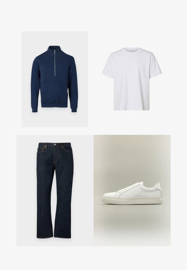 Mørkeblå sweatshirt med høj krave og kvart lynlås. Har et tekstureret panel foran samt ribstrikkede manchetter og kant.; Enkelt hvid kortærmet T-shirt med rund hals, almindelig pasform og glat stofstruktur, vist på en hvid baggrund.; Mørkeblå straight-leg cowboybukser med forlommer, kobbernitter og knaplukning.; Hvid lavtop sneaker med snørebånd foran og tyk sål, vist fra siden mod en neutral baggrund.