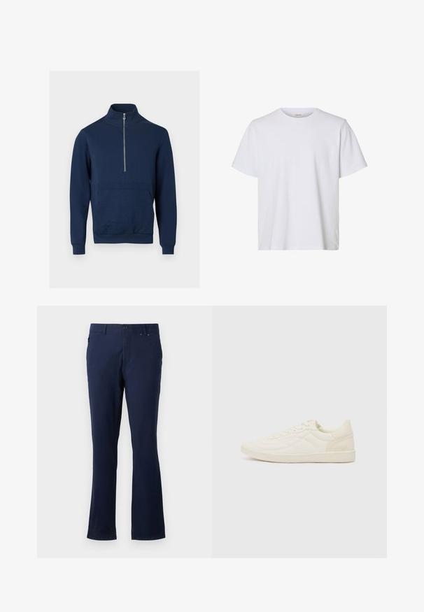 Mørkeblå sweatshirt med høj krave og kvart lynlås. Har et tekstureret panel foran samt ribstrikkede manchetter og kant.; Enkelt hvid kortærmet T-shirt med rund hals, almindelig pasform og glat stofstruktur, vist på en hvid baggrund.; Marineblå bukser lavet af letvægtsstof, med lige ben, forlommer og knaplukning i taljen.; ALDO THEPITCH - Sneakers - white