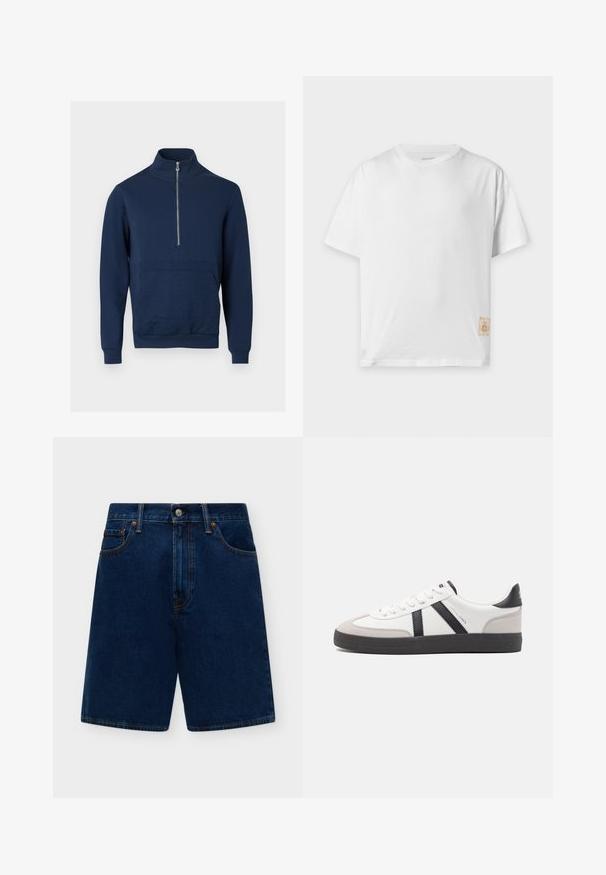 Sweat-shirt bleu marine avec un col montant et une fermeture éclair d'un quart. Présente un panneau texturé à l'avant ainsi que des poignets et un ourlet côtelés.; T-shirt en coton blanc uni à manches courtes, col rond et petite étiquette en tissu beige près de l'ourlet inférieur sur le côté droit.; Shorts en jean bleu foncé taille haute avec passants pour ceinture, bouton à l’avant, fermeture éclair, et poches avant sur un fond clair uni.; Baskets blanches avec des accents noirs et gris, présentant un embout texturé gris, une semelle en caoutchouc noir et des lacets plats blancs. Design épuré, style minimaliste.