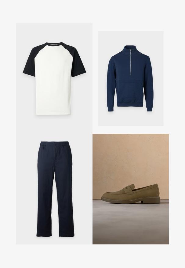 Sweat-shirt bleu marine avec un col montant et une fermeture éclair d'un quart. Présente un panneau texturé à l'avant ainsi que des poignets et un ourlet côtelés.; T-shirt raglan à manches courtes avec corps blanc et manches et col noirs, présenté sur fond blanc.; Pantalon bleu marine droit avec taille élastique, sans poches ni boutons visibles, présenté sur un fond clair uni.; Mocassin en daim marron flottant au-dessus d'un tapis beige texturé dans un salon avec une table basse en bois et des livres empilés.