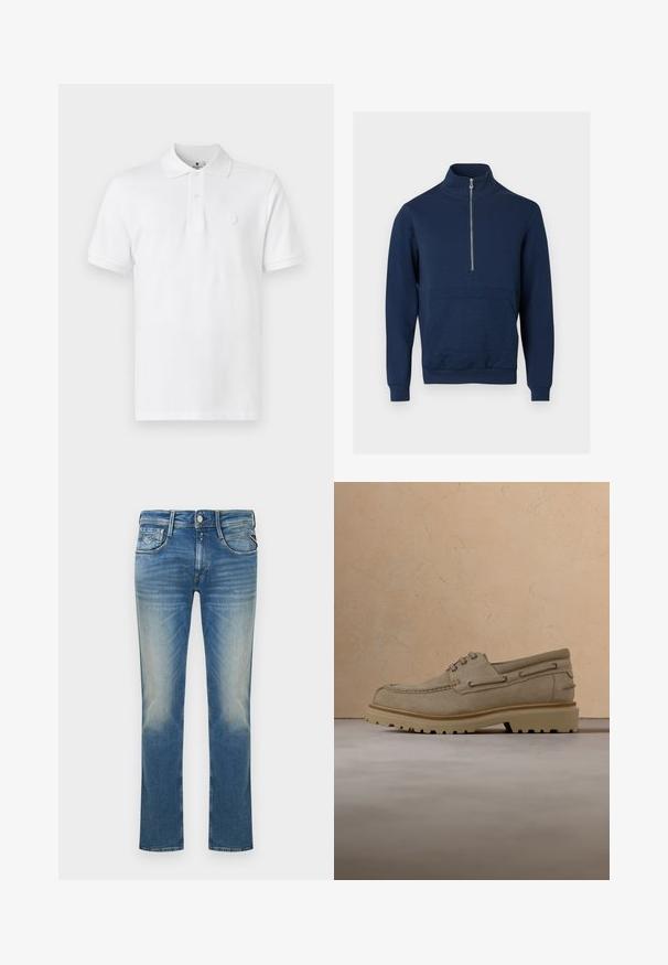 Sudadera azul marino con cuello alto y cremallera de un cuarto. Presenta un panel texturizado en la parte delantera y puños y dobladillo acanalados.; Camiseta polo blanca de algodón, con un cuello clásico, mangas cortas y un sutil logo bordado en el pecho.; Vaqueros azules descoloridos de corte recto con bolsillos delanteros, trabillas para cinturón y cierre de botón.; Zapato casual beige de ante con cordones y suela gruesa y acanalada, mostrado en el aire sobre una superficie y fondo beige texturizados que combinan.