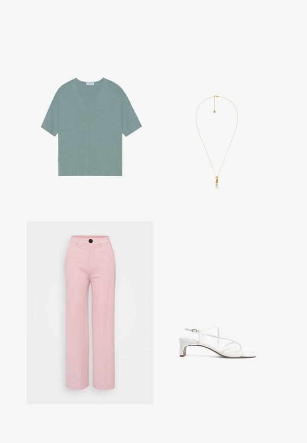 Mintgrünes V-Ausschnitt-T-Shirt mit kurzen, weiten Ärmeln, lockerer Passform und weichem Material. Mit einer mittigen Naht auf der Vorderseite.; Helle rosa weite Hose mit glatter Textur, ausgestattet mit einem schwarzen Knopf und einem klassischen Taillendesign. Keine zusätzlichen Taschen sichtbar.; Weiße Absatzsandale mit schmalem Riemen-Design, quadratischer Zehenpartie und niedrigem Blockabsatz. Glatte Oberfläche mit verstellbarem Knöchelriemchen.; Zarte Halskette aus Goldkette mit einem goldenen Wirbelanhänger, der in der Mitte eine einzelne weiße Perle hält.