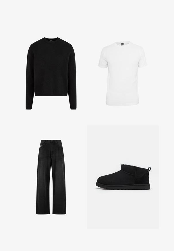 Sort strikket sweater med rund halsudskæring, lange ærmer og cropped kant. Blød tekstur med ribbede manchetter og kant.; Hvid kortærmet t-shirt, lavet af bomuld, med en klassisk rund hals og en glat tekstur, designet til afslappet brug.; Bredde ben sorte denim bukser med høj talje, der har fire lommer og et lille logo-tag på forsiden. Glat tekstur, enkel design.; Sorte ruskind ankelstøvler med en blød, tekstureret foring, lavprofilgummi sål og en løkke bagpå for nem påtagning.