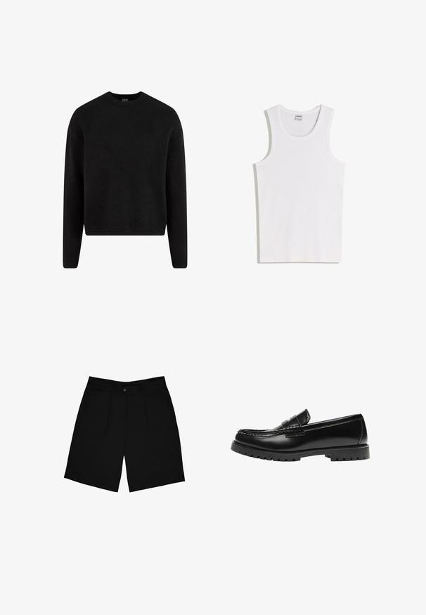 Pull en tricot noir avec un col rond, des manches longues et un ourlet court. Texture douce avec des poignets et un ourlet côtelés.; Débardeur blanc en coton avec un col rond et de larges bretelles. Texture lisse, sans motifs ni accents, design simple.; Shorts noirs en tissu à texture lisse, dotés d'une fermeture à bouton à l'avant, de deux poches latérales et d'un design plissé.; Mocassin en cuir noir avec une semelle en caoutchouc épaisse et un détail classique de bride à monnaie, vu de côté extérieur.