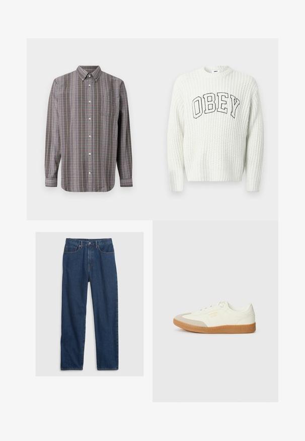 Pull en maille blanche avec l'inscription "OBEY" en lettres noires sur la poitrine, présentant une texture côtelée et un col rond.; Chemise à manches longues à boutons avec un motif écossais marron, blanc, bleu et violet, et une poche avant sur fond blanc.; Jean en denim bleu foncé avec une coupe droite, comprenant un design à cinq poches, un bouton supérieur et des rivets en cuivre.; Baskets en cuir blanc avec une coque beige et une semelle en caoutchouc marron clair. Dotées de lacets blancs plats et d'un logo embossé sur le côté.