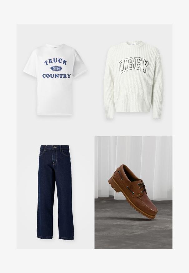 Weißer Strickpullover mit der Aufschrift "OBEY" in schwarzer Schrift auf der Brust, mit geripptem Muster und Rundhalsausschnitt.; Weißes Baumwoll-T-Shirt mit blau bedrucktem Text "TRUCK COUNTRY" und einem blauen ovalen "Ford"-Logo in der Mitte. Kurze Ärmel und Rundhalsausschnitt.; Dunkelblaue Jeans mit weitem Bein aus Denim, gerader Schnitt, Fünf-Taschen-Design und Abschlussnähten entlang des Saums.; Brauner Leder-Bootsschuh mit schwarzen Schnürsenkeln, beigen Nähten und einer robusten Sohle, schwebt über einem grauen Betonboden.