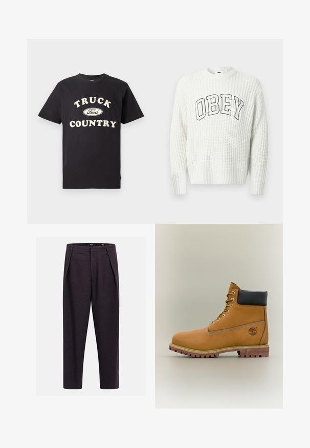 Suéter blanco tejido con la palabra "OBEY" en letras negras en el pecho, con textura acanalada y cuello redondo.; Camiseta de algodón negro de mangas cortas con el texto "TRUCK COUNTRY" en color crema y un diseño del logo de Ford en el centro.; Pantalones a medida de color gris oscuro con trabillas para cinturón, pinzas delanteras y corte recto.; Bota de tobillo de cuero marrón con cuello negro, cordones amarillos y suela beige. Presenta un logotipo y detalles de costura blanca. Suela exterior con tracción robusta.