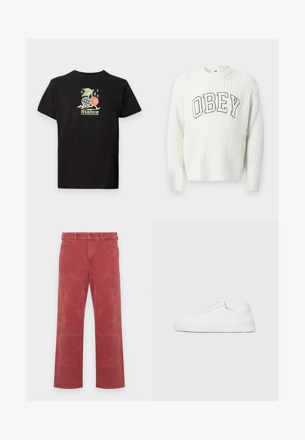 Hvid strikket sweater med "OBEY" i sort bogstaver tværs over brystet, med ribbet struktur og rund halsudskæring.; Sort bomulds t-shirt med et farverigt grafisk print af en ananas og kirsebær, teksten lyder "Stance Community Run Club." Korte ærmer.; Røde denimjeans med en afslappet pasform, der har et design med fem lommer, synlige sømme og subtile falmede detaljer over det hele.; Hvid sneaker med en glat læderoverdel, rund tå, snørebånd, teksturerede sideaccenter og en tyk gummisål. Minimalistisk design.