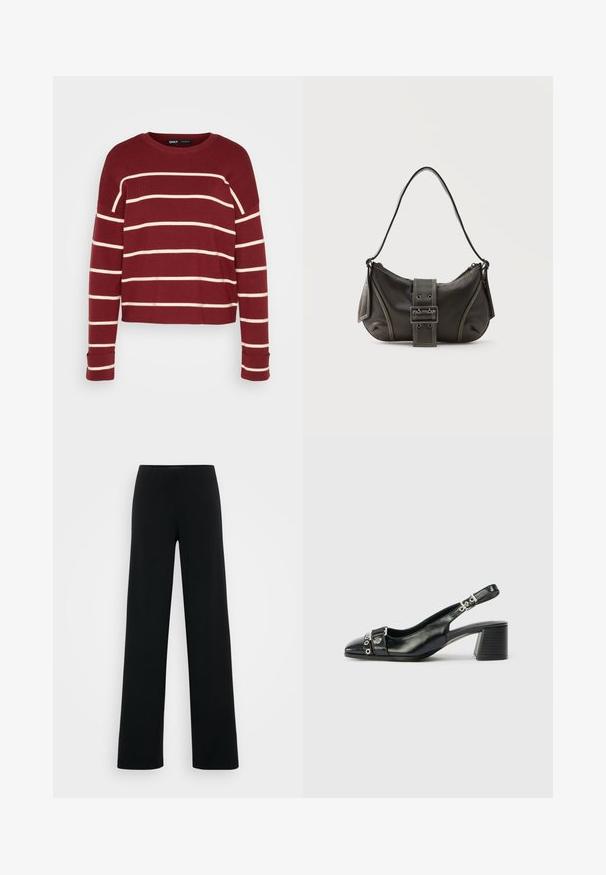Mørkerød cropped sweater med cremefarvede vandrette striber, rund halsudskæring og cuffed lange ærmer. Blød tekstur og afslappet pasform.; Vero Moda Tall VMBERLIN ZAMIRA WIDE - Bukser - black; Sorte læder slingback hæl med spids tå, tekstureret rem med cirkulære metalliske accenter, og en stablet blokhæl.; Sort læder skuldertaske med spænde på remmen, afrundede kanter og kontrasterende hvide syninger på en ensfarvet baggrund.