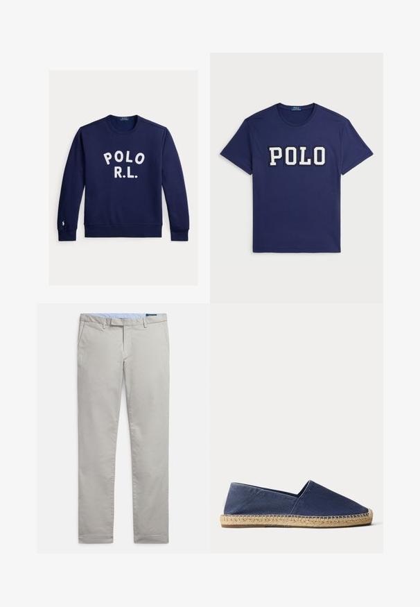 Tumesinine kaelusega dressipluus valge tekstiga "POLO R.L." ees ning väike tikitud logo vasaku randme mansetil.; Tumedat-sinine t-särk, mis on valmistatud puuvillast, millel on suur valge "POLO" graafika, ümara kaeluse ja lühikeste varrukatega.; Heledat hallid chinosid, mis on valmistatud siledast puuvillakangast, omades klassikalist disaini, sirgeid sääriseid, küljetaskuid ja puhaste servadega viimistlust.; Tumesinise lõuendist espadrill naturaalsetest kootud juutsest tallast ja madala kontsaga, külje pealt valgel taustal.