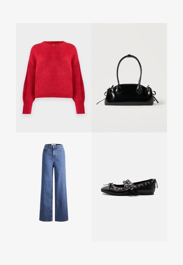 Rød strikket sweater med rund hals, sænke skuldre, ribbede manchetter og nederste kant, der har et tekstureret mønster hele vejen igennem.; Lyseblå denim brede bukser med høj talje, to frontlommer og synlige stikninger. Har en knap- og lynlåslukning.; Sort flad balletsko med dobbelt spænde, sølvøjer og en lille sløjfe nær den runde tå på en hvid baggrund.; Lille sort blank håndtaske med to lange håndtag og snøre-detaljer i siden på en ensfarvet lys baggrund.