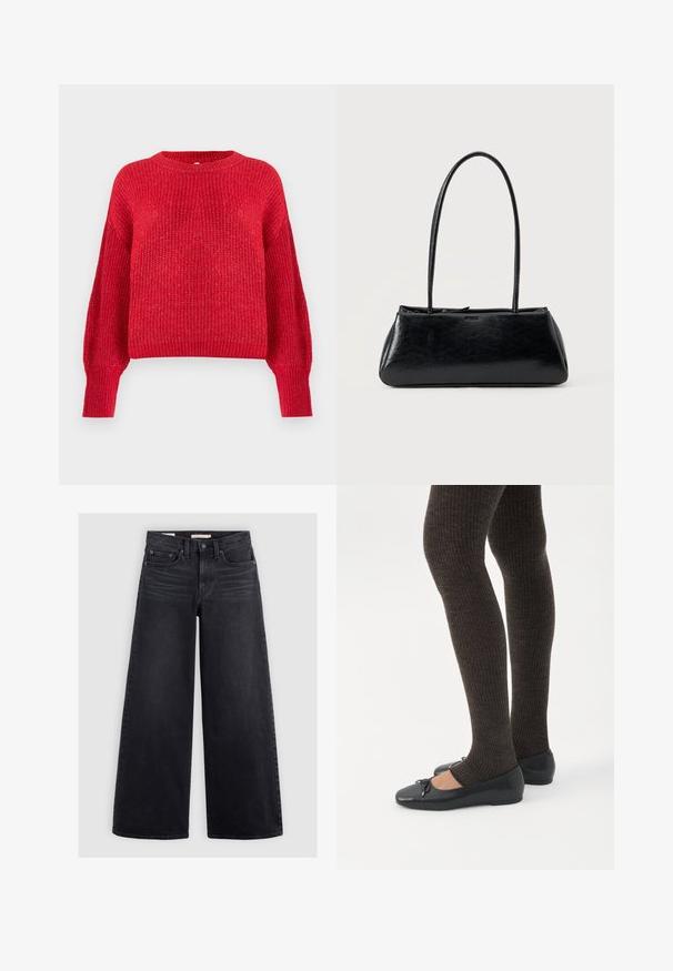 Suéter rojo de punto con cuello redondo, hombros caídos, puños acanalados y dobladillo inferior, que presenta un patrón texturizado en toda su superficie.; Vaqueros negros de pierna ancha hechos de denim, con una cintura alta, diseño de cinco bolsillos y un ligero desgaste en la parte delantera.; Piernas con leggings oscuros acanalados combinados con bailarinas negras que presentan pequeños detalles de lazo sobre un fondo blanco.; Bolso de hombro rectangular negro con correas largas y delgadas y una textura lisa y brillante sobre un fondo liso.