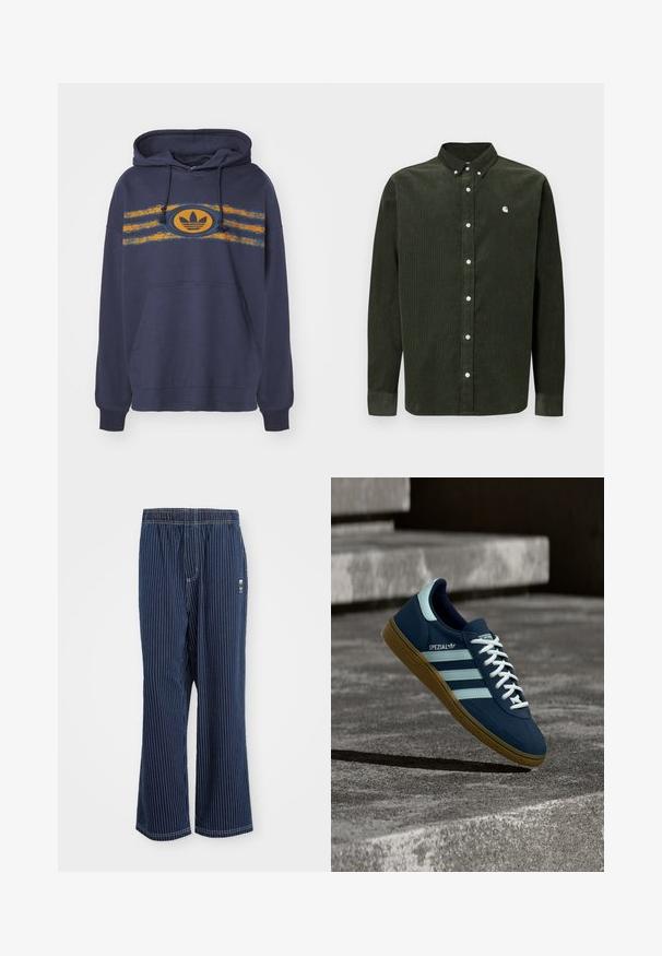 Tummansininen huppari, joka on valmistettu puuvillasta ja jossa on kengurupocketti. Hupparissa on oranssit ja teal-väriset raidat sekä ovaali logo keskellä.; Tumma vihreä ribbineulottu pitkähihainen paita, jossa on napillinen kaulus, valkoiset napit ja pieni logon yksityiskohta vasemmalla rinnassa.; Navy raidalliset housut, joissa on vaaleansiniset pystyraidat, joustava vyötärö, leveä lahje ja pieni logo sivussa. Kankaan pinta on sileä.; Sininen Adidas Spezial -tenissukat valkoisilla raidoilla ja nauhoilla, kumipohjalla, leijuu karhean betonipinnan ja portaiden yläpuolella taustalla.