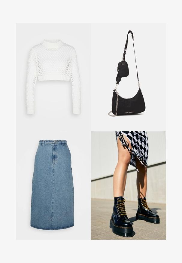 Cotton On OPEN CROP - Svetrík - white; Obey Clothing JUNIPER MIDI SKIRT - sukňa v tvare A - stonewash indigo; Čierne kožené platformové čižmy s masívnymi podrážkami, zlatými šnúrkami a oranžovým prešívaním, skombinované s kockovanou sukňou s bočným rozparkom.; Čierna nylonová taška cez rameno so zakriveným tvarom, strieborným reťazovým akcentom, odnímateľnou mini taškou a nastaviteľným popruhom; má logo "Steve Madden".