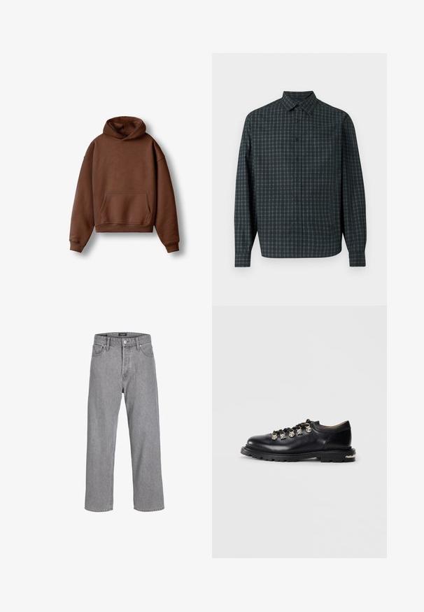 Sudadera marrón con capucha, bolsillo canguro delantero y puños y dobladillo acanalados, presentado sobre un fondo blanco liso.; Camisa de manga larga a cuadros en verde oscuro y azul marino, con cierre de botones en el frente, cuello y un solo bolsillo en el pecho. Tela de textura suave.; Pantalones de mezclilla gris con un ajuste relajado y holgado. Cuenta con un diseño tradicional de cinco bolsillos y un cierre de botón en la cintura.; Zapato bajo de cuero negro con suela gruesa, ojales de metal, adornos plateados decorativos en los cordones y un dibujo texturizado en la suela.