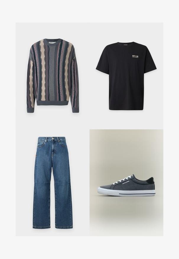 Strikket sweater med rund hals, der har skiftende striber i marineblå, cremefarvet og rød. Strukturerede mønstre med ribbet manchetter og kant.; Sort t-shirt med korte ærmer med hvide japanske tegn og tekst, der lyder ""BEYOND THE NORMALITY"" på øverste venstre bryst.; Blå denim jeans med afslappet pasform, lige ben, synlige sømme og lukkes med en knap foran. Har en sidelomme med accent.; Mørkegrå lavtop-sneaker med hvide snørebånd og sål, sort krave og "Jack & Jones" mærkning på siden og hælen.