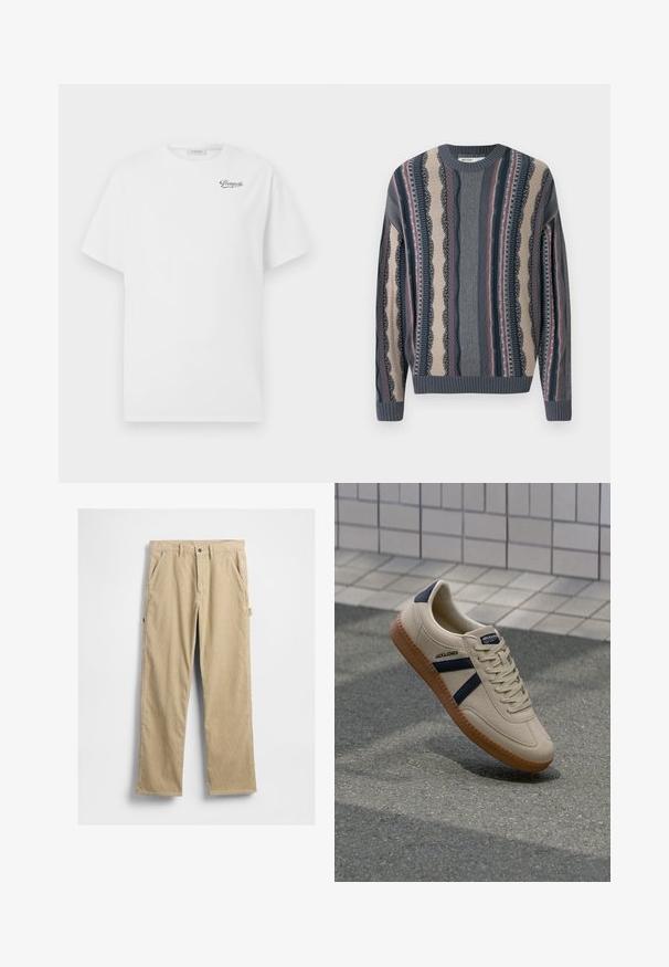 Strikket sweater med rund hals, der har skiftende striber i marineblå, cremefarvet og rød. Strukturerede mønstre med ribbet manchetter og kant.; Hvid bomulds t-shirt med korte ærmer, rund hals, med et sort "Pompeii" logo på venstre bryst. Blød, glat tekstur.; Beige kordfløjlsbukser med lige ben, forlommer og knaplukning. Har en sidelomme og tekstureret stof.; Beige sneaker med struktureret overflade, marineblå striber og gummisål. Har en polstret tunge og traditionelt snørresystem for en sikker pasform.