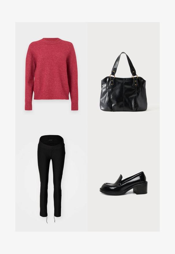 Pull en maille rouge avec un col rond, des manches longues et des poignets côtelés. Texture douce et coupe décontractée et confortable.; Pantalons noirs à rayures, avec une taille large et pliée et des ourlets à cordon de serrage. Fabriqués dans un matériau extensible, offrant une silhouette ajustée.; Mocassin noir en cuir à talon bas avec un bout arrondi et un talon bloc sur un fond clair uni.; Sac à épaule en cuir noir avec double anses attachées par des anneaux et rivets dorés, surface lisse et légèrement brillante, design simple.