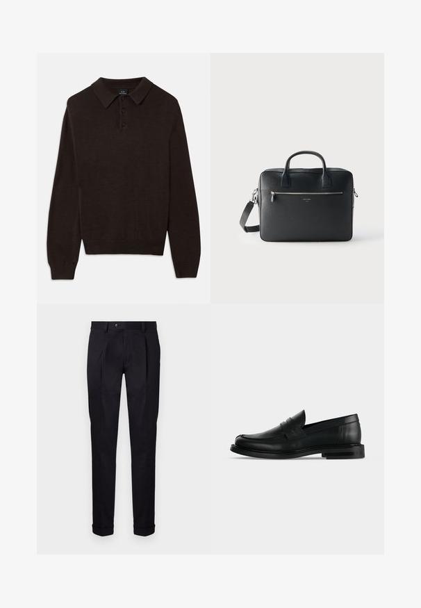 Suéter de polo de manga larga en marrón oscuro con tres botones y un cuello acanalado. Presenta un tejido de punto texturizado con puños y dobladillo acanalados.; Pantalones negros a medida fabricados con una tela suave, con un frente liso, dos pliegues frontales y dobladillos con vuelta para un aspecto limpio y estructurado.; Mocasín penny negro de cuero para hombre con tacón bajo y apilado y puntera redondeada, mostrado de lado sobre un fondo gris claro.; Maletín rectangular de cuero negro con asas dobles, bolsillo delantero con cremallera y correa de hombro desmontable sobre un fondo claro y liso.
