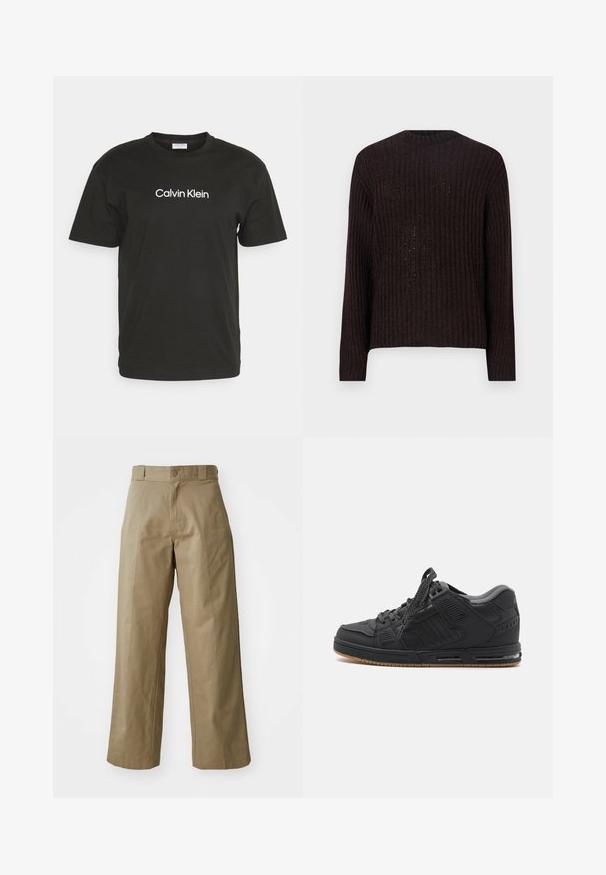 Brun strikket sweater med ribbet tekstur, rund halsudskæring og lange ærmer. Har vekslende åbne og lukkede strikkemønstre.; Sort bomulds T-shirt med rund hals og korte ærmer, med "Calvin Klein" logo i hvidt trykt på forsiden.; Khaki bredde ben bukser lavet af bomuldsblandingsstof, med en enkelt knaplukning og synlige sidelommer. Glat tekstur, plisseret detalje.; Sort atletisk sko med en glat syntetisk overdel, polstret krave, teksturerede detaljer og en gummisål med luftdæmpning.