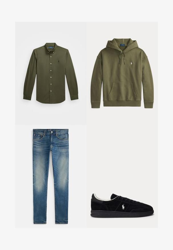 Olivovo zelená mikina s kapucňou s predným vreckom na brušku, kapucňou na sťahovanie, rebrovanými manžetami a lemom a malým bielym logom Polo Ralph Lauren na hrudi.; Košeľa s dlhými rukávmi a zapínaním na gombíky, vyrobená z olivovo zelenej bavlny. Má malú vyšívanú logo na hrudi, štandardný golier a gombíkové detaily.; Modré vyblednuté úzke džínsy s gombíkom a zipsom na zapínanie, prednými vreckami a malým mincovníkom, zobrazené na bielom pozadí.; Čierna nízka teniska s čiernymi šnúrkami, bielym vnútorným lemom a bielym logom Polo Ralph Lauren na boku a päte.
