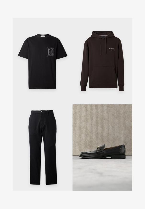Brauner Kapuzenpullover aus weichem Stoff mit einer vorderen Kängurutasche, Kordelzug-Kapuze und weißem gesticktem Text "HILFIGER 1985" auf der Brust.; Schwarz Baumwoll-T-Shirt mit kurzen Ärmeln, ausgestattet mit einem grafischen Druck auf der linken Brust und einem kleinen roten Akzent am Halsauschnitt.; Schwarze Hose mit geradem Schnitt, aus einem glatten Stoff gefertigt. Verfügt über einen Vorderknopfverschluss und Seitentaschen, minimalistische Designdetails.; Schwarzer Lederloafer mit goldfarbenem Metallbit und "HUGO"-Markenlogo, präsentiert vor einem beigen Teppich und braunen durchsichtigen Möbelstücken.