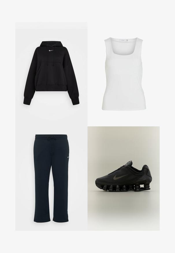 Čierna skrátená mikina vyrobená z mäkkej textílie, s kapucňou na šnúrku, prednou klokankou a malým bielym logom Nike na hrudi.; Biele bezrukávové tielko so štvorcovým výstrihom, hladkou textúrou a priliehavým strihom. Vyrobené z ľahkého materiálu.; Čierne tepláky s elastickým pásom a nastaviteľnou šnúrkou. Obsahujú malé biele logo Nike na ľavej strane. Mäkká textúra látky.; Čierna teniska Nike so zipsom na hornej časti a výraznou pružinovou podrážkou v oddelených segmentoch, zobrazená z profilu na neutrálnom pozadí.