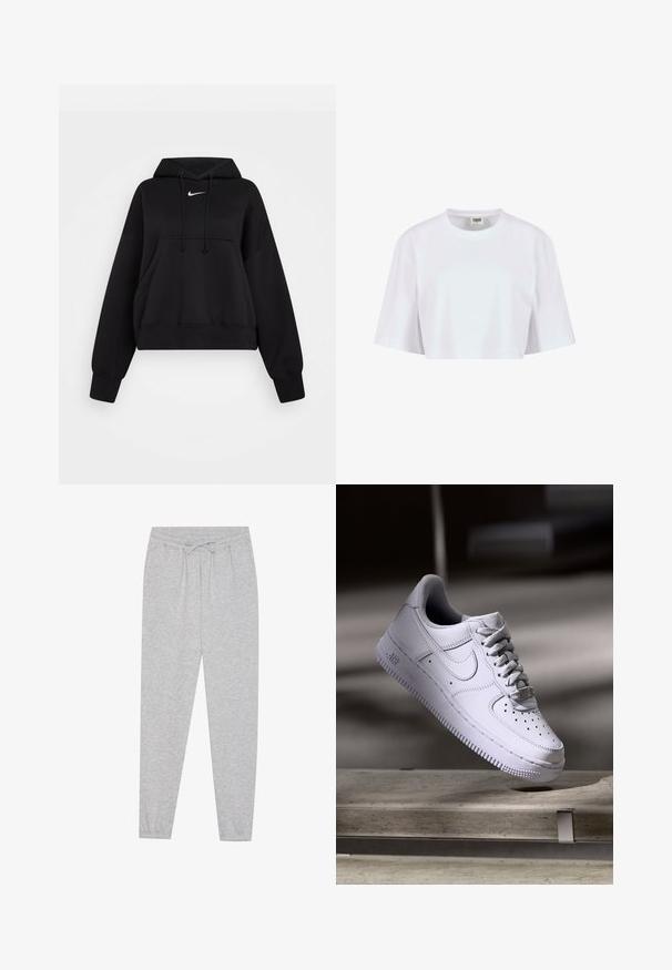 Sudadera corta negra hecha de tejido suave, con capucha ajustable, bolsillo canguro delantero y un pequeño logo blanco de Nike en el pecho.; Camiseta corta blanca hecha de algodón suave. Presenta un escote de cuello redondo y mangas cortas con un corte relajado, sin patrones ni herrajes visibles.; Pantalones de chándal grises con una textura suave, cinturilla elástica y detalle de cordón. Diseño de pierna ajustada con un ajuste casual.; Zapatilla Nike Air Force 1 blanca levitando sobre una superficie de hormigón con sombras en un entorno minimalista.